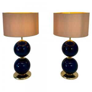 Pair of 2000s Murano Glass Lamps with Blue Spheres and Ivory Lampshades